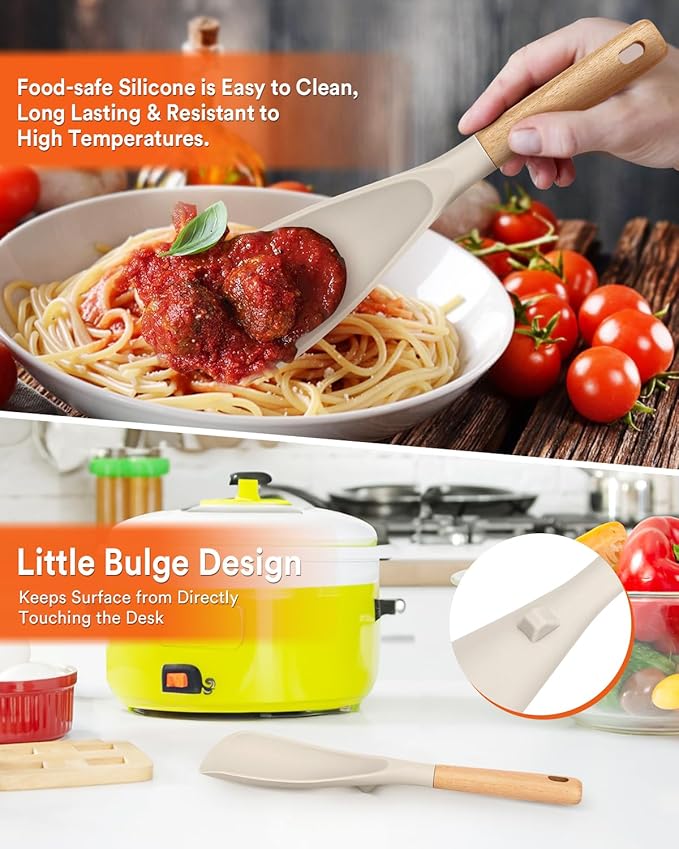 Cooking Spoon for Nonstick Cookwares, Great for Cooking and Serving Sturdy BPA-Free Matte Silicone, Wood Handle Spoon for Mixing, Scoop, and Scrape (2 Pack of Khaki, 11.4 inch)