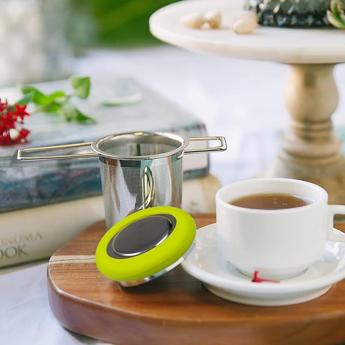 Fenshine Tea Infuser Stainless Steel Tea Strainer Folding Handle Tea Filter Extra Fine Mesh Strainer Brewing Basket with Lid for Loose Leaf Tea (Green)