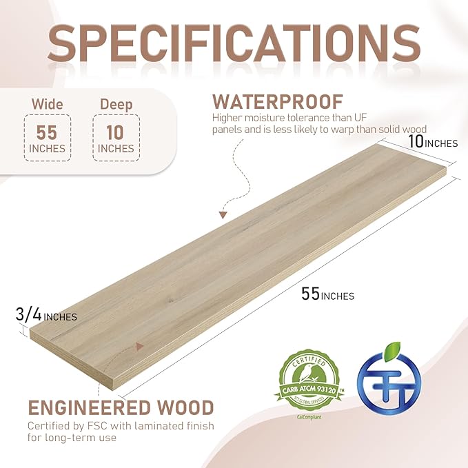 Kaboon 55 inch Long 10 inch Deep Floating Shelves for Wall Set of 2, Large Open Shelves Wall Mounted, Space Saving Home and Commercial Use, Oak/Grey Tone