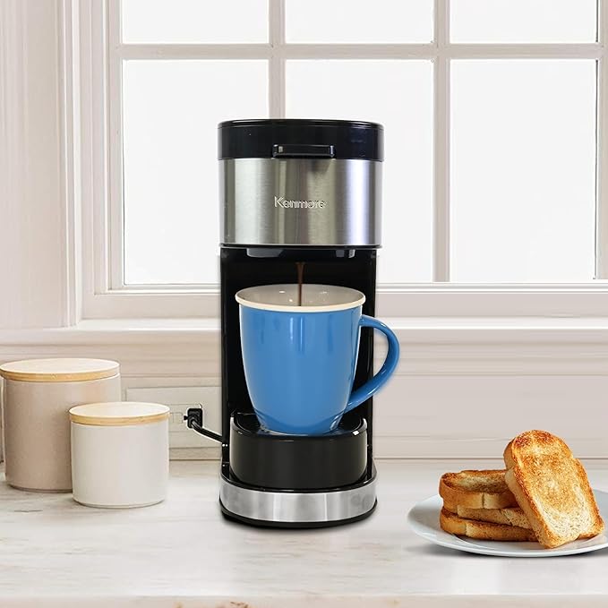Koolatron Kenmore Single Serve Coffee Maker & Stainless Steel Travel Mug, Capsule/Pod & Ground Coffee Brewing, K Cup Compatible, Hot & Iced Coffee Machine, 6 to 14 Oz Brew Sizes, Auto Shut-Off, Black