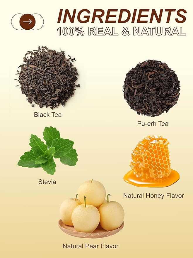 TeeLux Pear Honey Pu-erh Tea Bags, Premium Black & Pu-erh Blend with Natural Pear & Honey Flavor, Smooth & Sweet, 100 Count