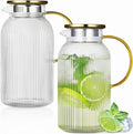 Glass Pitcher with Lid, 2Pcs Elegant Heat Resistant Cold 2 Lite Brew Pitchers for Fridge Hot Cold Water Coffee Milk Lemonade Beverage，Vertical StripesLemonade Beverage