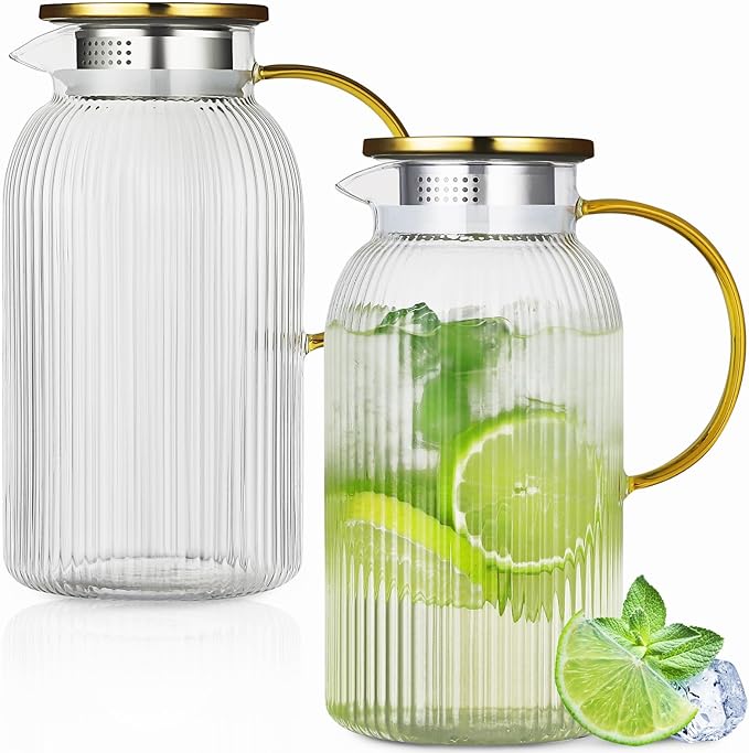 Glass Pitcher with Lid, 2Pcs Elegant Heat Resistant Cold 2 Lite Brew Pitchers for Fridge Hot Cold Water Coffee Milk Lemonade Beverage，Vertical StripesLemonade Beverage