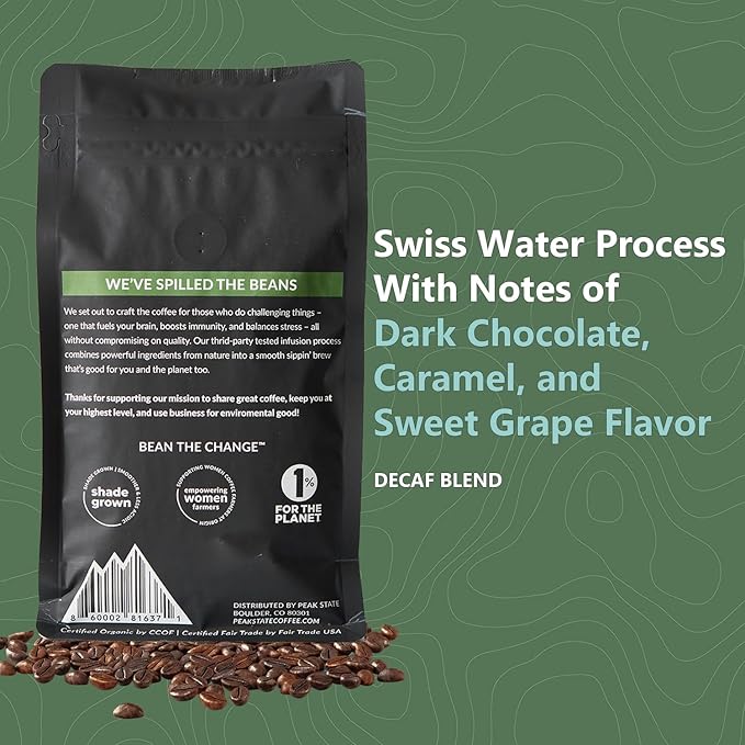 Organic Decaf Coffee Beans – Calm Descent Swiss Water Process Decaf with Lion’s Mane & Cordyceps – Mushroom Coffee Decaf, Organic, Mold-Free, Pesticide-Free, Non-GMO, Low-Acid (12 oz Whole Bean – $1.13/cup)