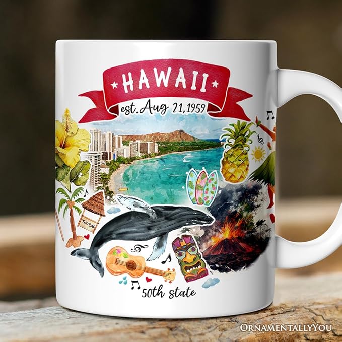 OrnamentallyYou State Travel Landmark Mugs – 12 oz Ceramic Coffee Cups, U.S. Souvenir Gift for Tourists (Artistic Hawaii State Themes and Landmarks Mug)