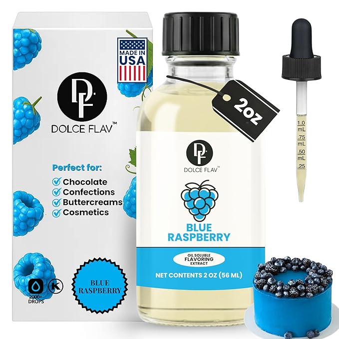 Dolce Flav Blue Raspberry Extract – 2 Ounce Oil-Soluble Kosher, Sugar-Free, Concentrated Blue Raspberry Flavoring for Baking, Chocolates & Desserts, Includes Measured Dropper