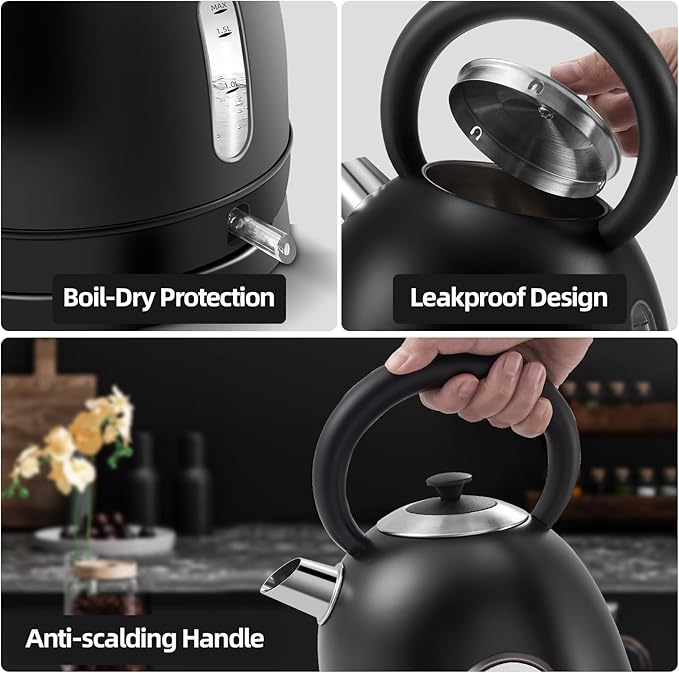 1.7L Electric Kettle, Retro Stainless Steel Water Boiler with Temperature Gauge & Auto Shut-Off, 1200W Fast Boiling Kettle for Home Kitchen Office, Boil-Dry Protection (Matte Black）