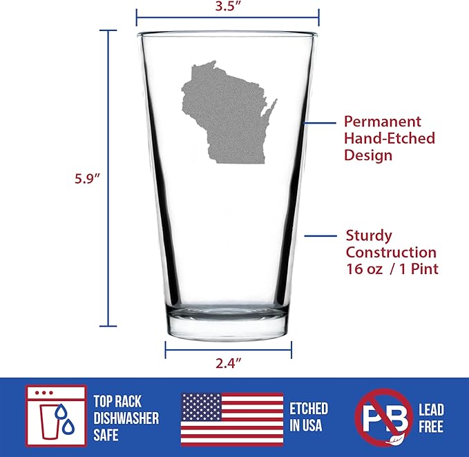 Custom Wisconsin State Outline Pint Glass for Beer - State Themed Drinking Decor and Gifts for Wisconsinites - 16 Ounce