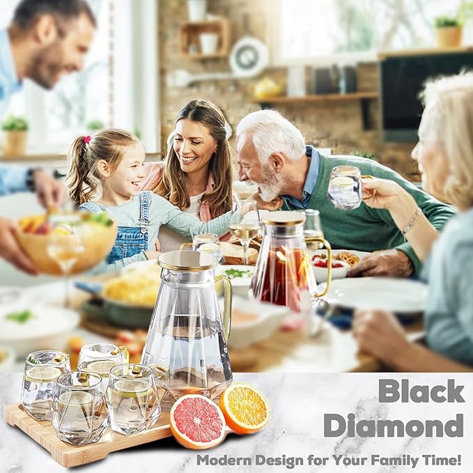 DUJUST Black Diamond Glass Pitcher Set (68 oz) with 4 Cups & 1 Tray, Modern Water Pitcher with Handle, Durable Jug for Fridge, Glass Carafe for Iced Tea/Juice/Beverage/Coffee/Drinks