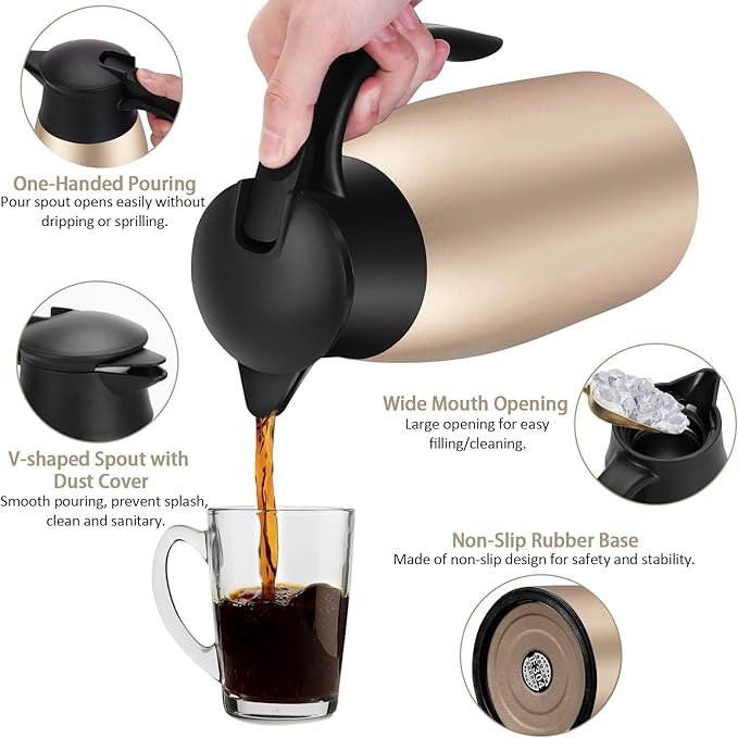 68OZ Thermal Coffee Carafes for Keeping Hot, 2 Liter Stainless Steel Thermal Carafe, Double Wall Vacuum Insulated Pitcher Tea Pot for Coffee Tea Keep Hot 12 Hours, Gold