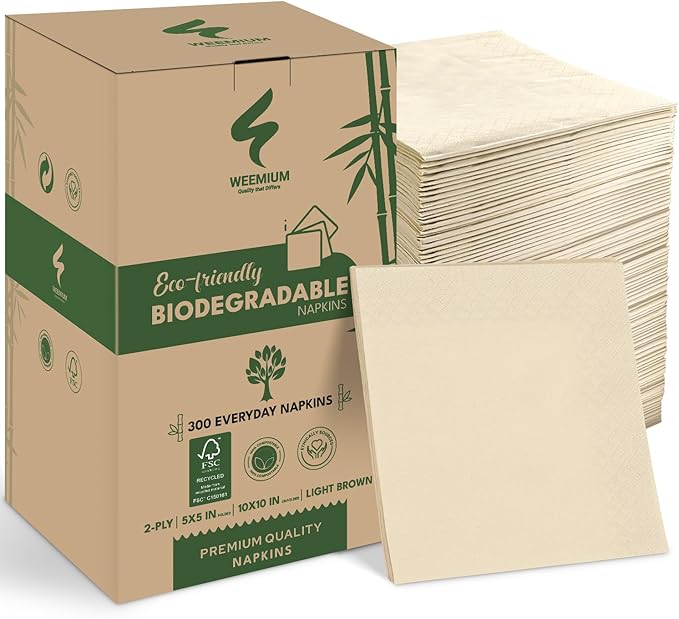 Weemium Compostable Napkins Disposable - FSC Certified - Pack of 300, 2-Ply - 5 x 5 Inch Folded - Post-Consumer Recycled Materials - Biodegradable & Highly Absorbent Paper Napkins for Lunch & Dinner