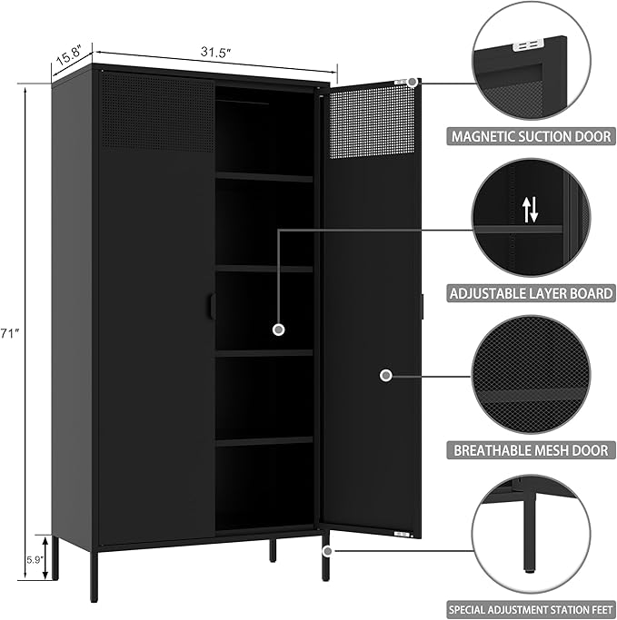 Black Metal Storage Cabinet with Doors and 4 Adjustable Shelves,Metal Locker Storage Cabinet, Metal Tool Cabinet, 71" Steel File Cabinet for Office, Home, Garage, School