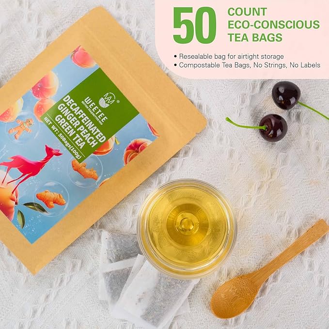 WT WEETEE Decaf Ginger Peach Green Tea Bags, Made of Decaffeinated Green Tea, Ginger & Natural Peach Flavor, Flavored Fruit Tea Bags 50 Counts Good for Iced