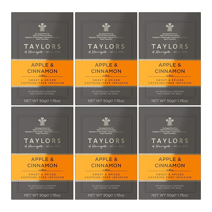 Taylors of Harrogate Apple & Cinnamon, Herbal Tea Individually Wrapped Teabags, 20 Count (Pack of 6), Spiced, Fruity & Sweet, Caffeine-Free, Enjoy Hot or Iced, 120 Teabags Total