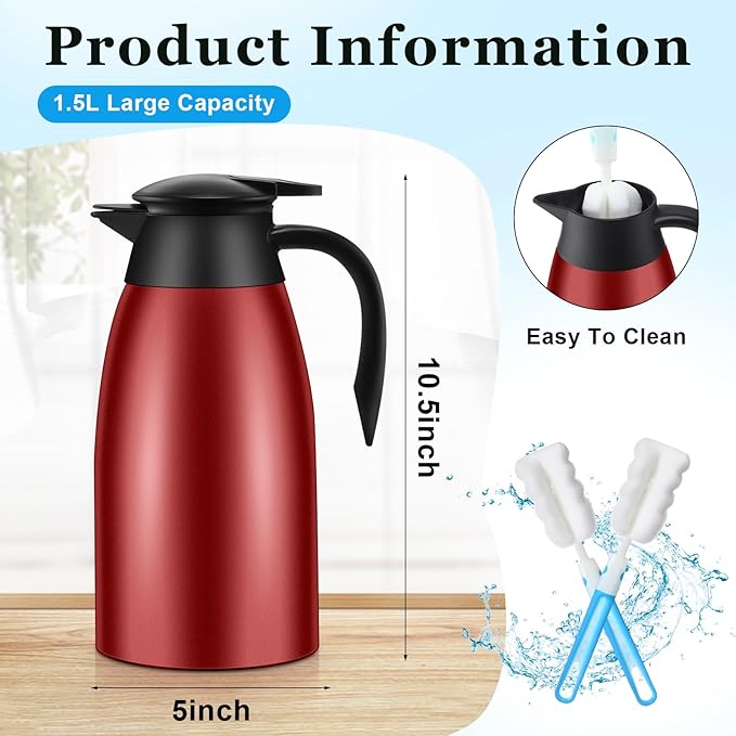2 Pcs 51 oz Thermal Coffee Carafe for Keeping Hot Insulated Stainless Steel Vacuum Thermal Pot Flask Double Walled Vacuum Coffee Carafe for Beverage Water Tea, 12 Hot 24 Hours Cold(Red)