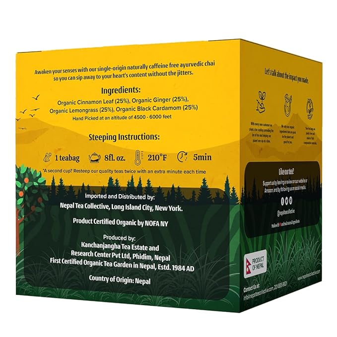 NEPAL TEA Organic Herbal Chai Tea Bags from the Himalayas - 15 Pyramid Tea Bags, Single Origin Chai Tea from a Family Farm - Caffeine Free Tea Bags with Loose Leaf Tea Inside (Kathmandu Cosmos)