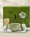 Handcrafted Matcha Kit, 7-Piece Green Tea Set, Includes Ceramic Bowl, Bamboo Whisk, Stainless Steel Sifter, Bamboo Scoop, Whisk Holder & Cotton Towel, Perfect for Tea Ceremony, Green Big Flower