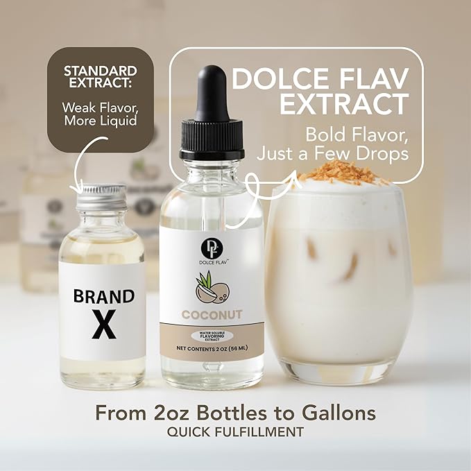 Dolce Flav Natural Coconut Extract – 2 Ounce Water-Soluble Kosher, Sugar-Free, Concentrated Tropical Coconut Flavoring for Baking, Beverages & Desserts, Includes Measured Dropper