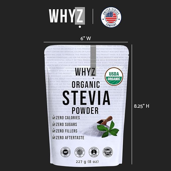 WHYZ Organic Stevia Powder, 1621 Servings, Premium Zero Calorie Sweetener - Powdered Pure Stevia Extract, Natural Sweetener Powder for Baking - No Aftertaste, Non-GMO, Keto Friendly- 8 oz