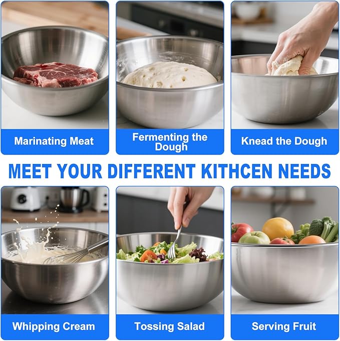 3-Piece Stainless Steel Mixing Bowls Set, 2.4, 3.2 & 4.9 Qt with Measurement Marks, Food Grade 304, Dishwasher Safe & Stackable for Baking, Tossing Salads, and Meal Prep for Your Kitchen