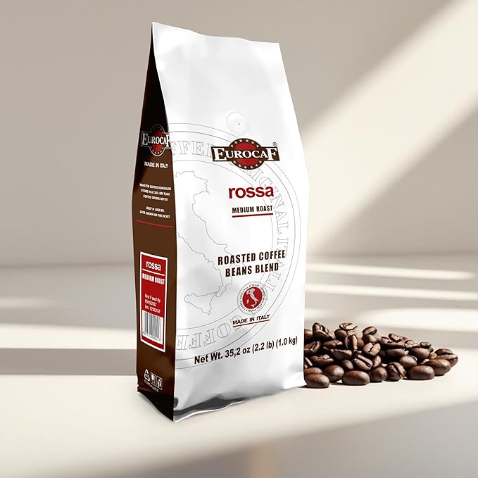 Eurocaf Miscela Rossa, Whole Bean Coffee, Medium Roast, 2.2 Ib, Original Italian Coffee (Pack of 1)