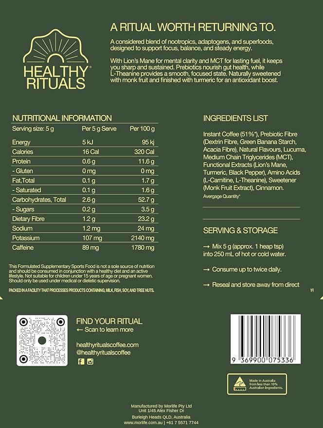 Healthy Rituals SuperBlend Instant Coffee Powder with Lion’s Mane Mushroom, MCT Oil, L-Theanine, Turmeric, Prebiotic Fiber and L-Carnitine, for a Smooth Coffee Ritual, 150 g