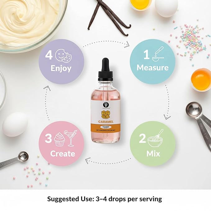 Dolce Flav Natural Caramel Extract - 2 Ounce Water-Soluble Multipurpose Flavoring Ideal for Baked Goods, Beverages, Coffee, Desserts & Ice Cream - Perfect Kitchen Gift for Holidays