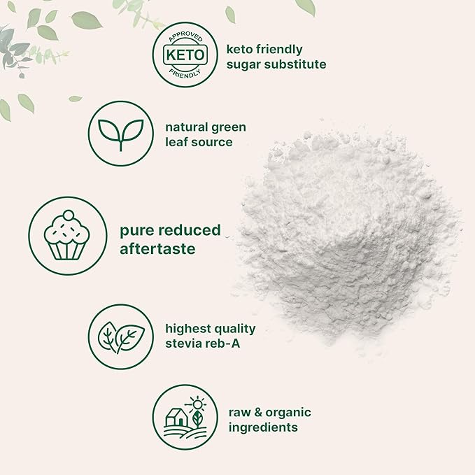 Pure Organic Stevia Powder, 1 Pound, 2,837 Servings, Highest Grade Stevia Green Leaf Extract Reb-A, Reduced Bitter Aftertaste, 0 Calorie, Natural Sweetener, Sugar Alternative, Keto Friendly