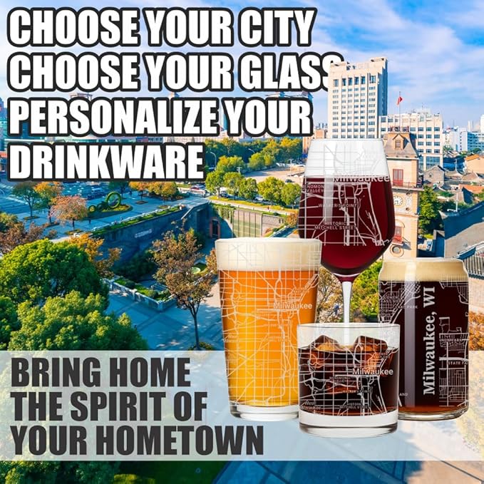 Blue Ridge Mountain Gifts - Milwaukee Souvenir - Wisconsin Glassware Gift, Etched City Map, Laser Engraved and Dishwasher Safe