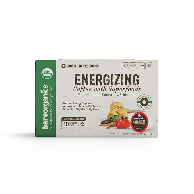 BareOrganics Energy Medium Roast Coffee, Organic, 10 K-Cup Pods, Superfoods & Probiotics Infused, Vegan, Gluten Free, 10 Single Serve Cups