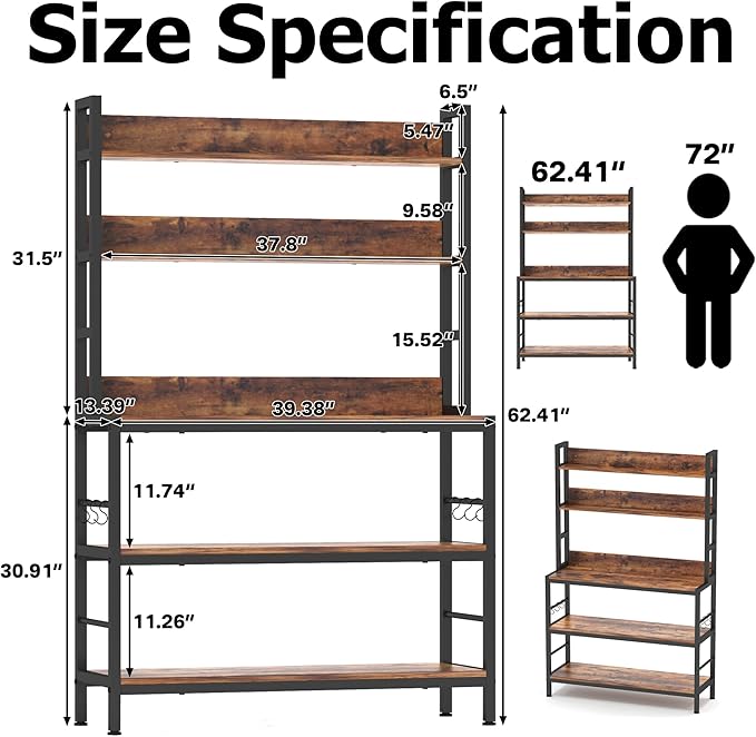 Kitchen Bakers Rack with Storage Shelves,5-Tier Free Standing Storage Shelf Rack with Hooks,Industrial Microwave Stand Shelf for Dining Room