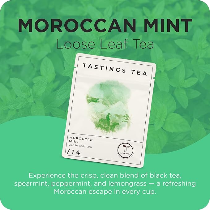 Tastings Tea Moroccan Mint Loose Leaf, 2 oz | Chinese Green Tea & Peppermint Blend | Light Caffeine | Crisp & Refreshing for Natural Digestion | Small Batch & Sustainably Sourced | Resealable Pouch