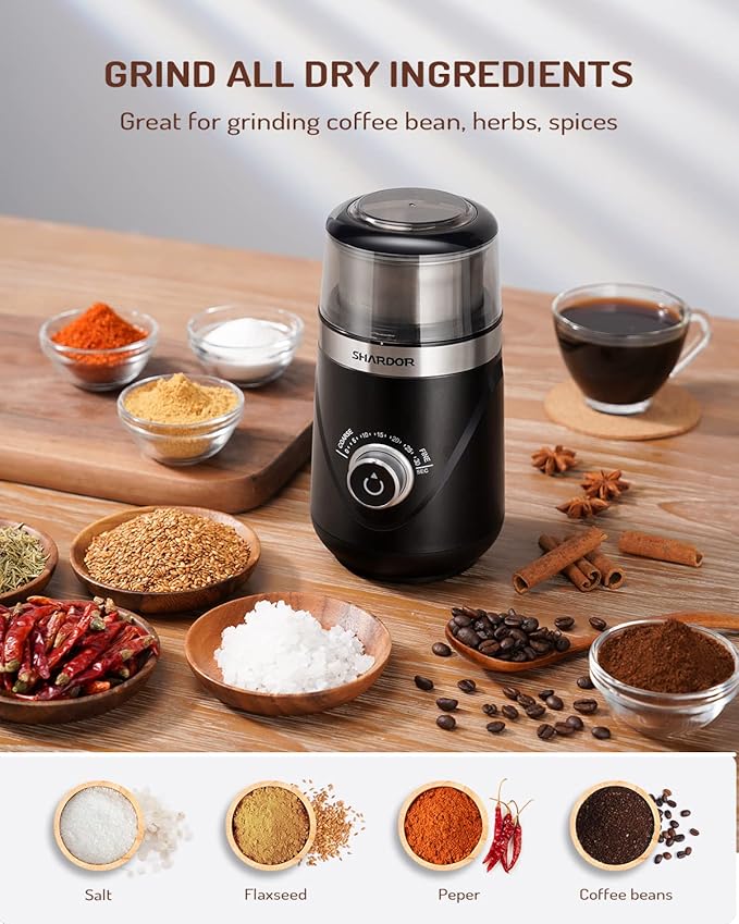 SHARDOR Electric Super Silent Blade Coffee Grinder, Timed Grind Control Rotary Knob, Adjustable Coarse to Fine for Coffee Beans, Spices & Herbs, with 1 Removable Stainless Steel Bowl, Black