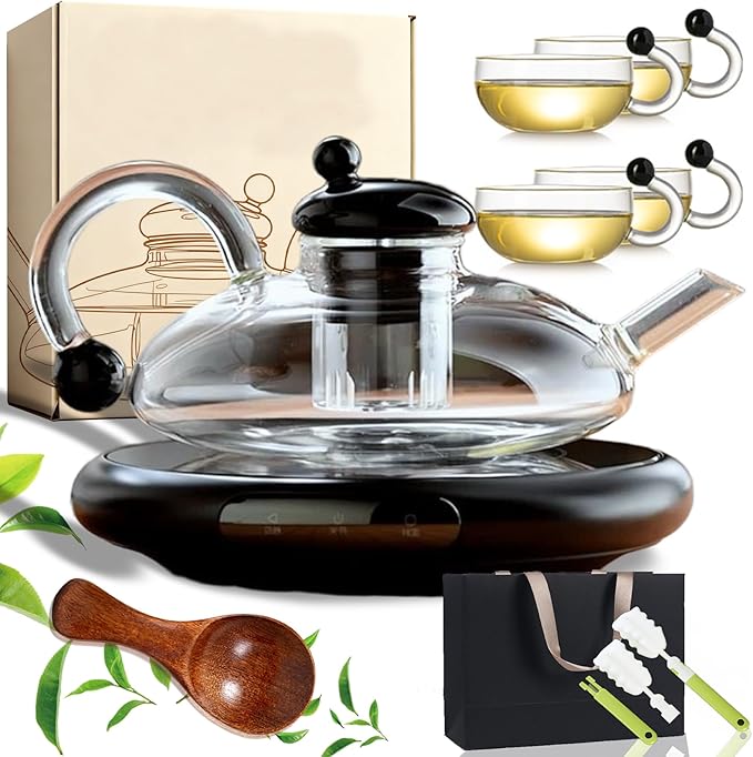 Electric Glass Teapot with Warmer - 20 Oz Glass Electric Tea Kettle with Infuser, 9-Temperature | 1000w Heating Ceramic Stove, TeaPot Set with Infuser for Loos Tea & Coffee (A with 4 Cups)