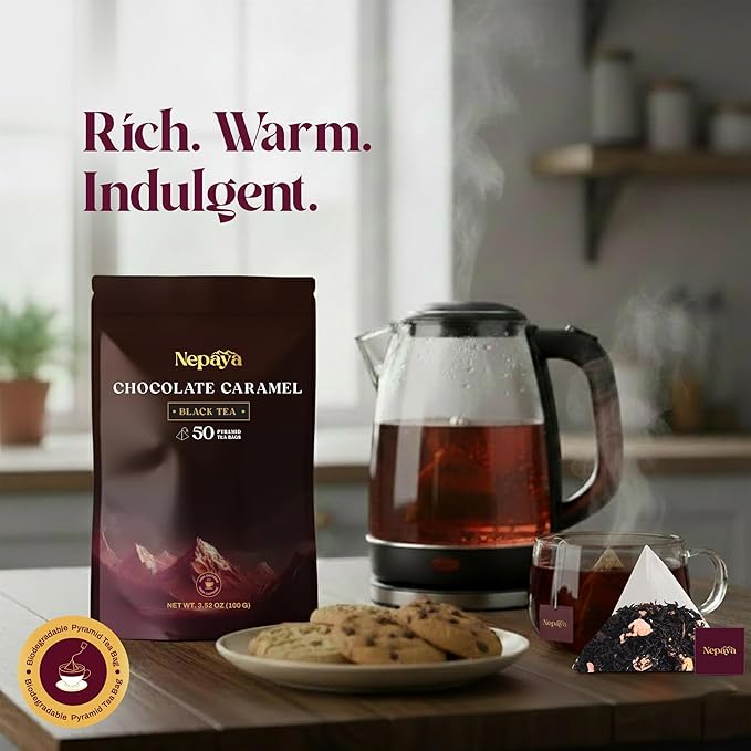 Chocolate Caramel Black Tea Bags, Dessert Inspired Blend with Caramel, Strawberry, Marshmallow & Cocoa – 50 Biodegradable Pyramid Bags, Individually Wrapped Black Tea with Strawberry Flavor