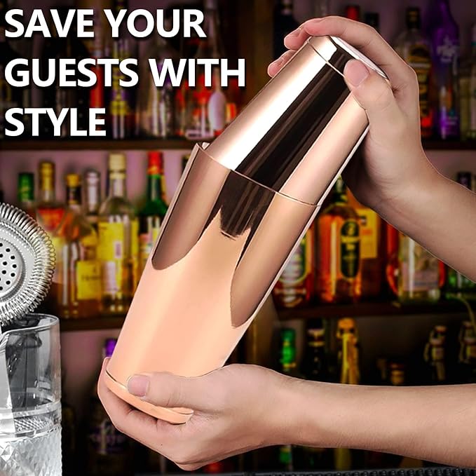 Stainless Steel Pro Boston Shaker - 2 Piece Unweighted 18oz & Weighted 28oz Martini Drink Shaker Kit for Bartender - Copper