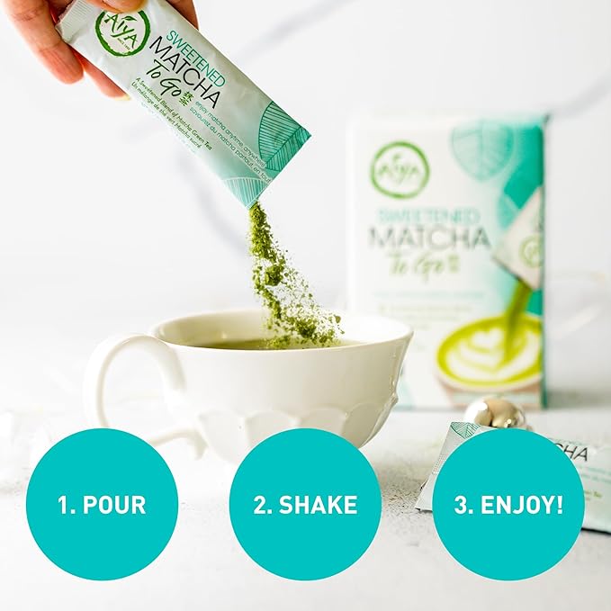 Aiya Japanese Sweetened Matcha Powder to Go Sticks - Ceremonial Grade, Vegan-Friendly, Gluten-Free - 8 Individually Packed Single-Serving Sticks for Freshness and Convenience