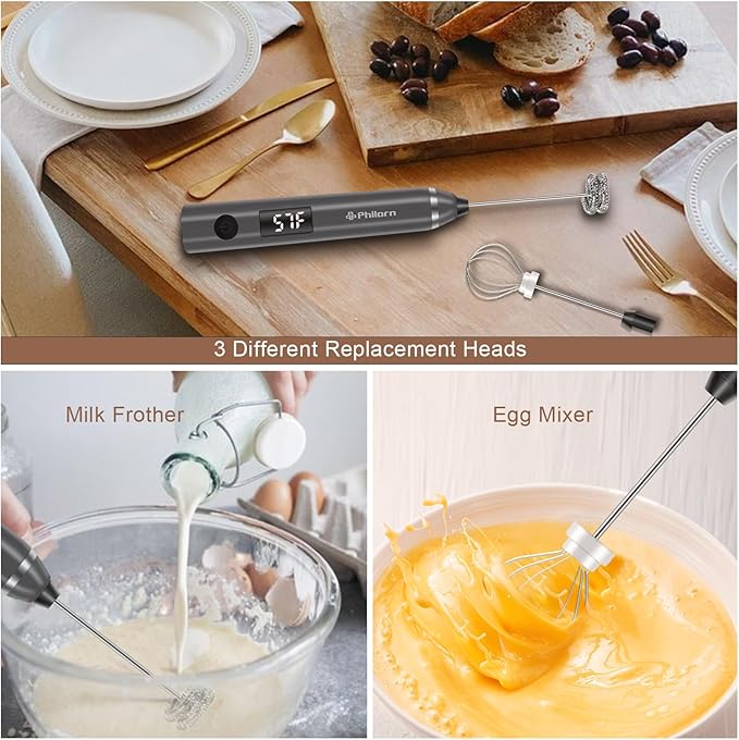 Philorn Milk Frother Wand Handheld Rechargeable Electric Whisk Coffee Drink Mixer, Mini Foamer for Lattes, Cappuccino, Frappe, Matcha, Hot Chocolate, Protein Powder, Keto Diet (Black 2 Heads)