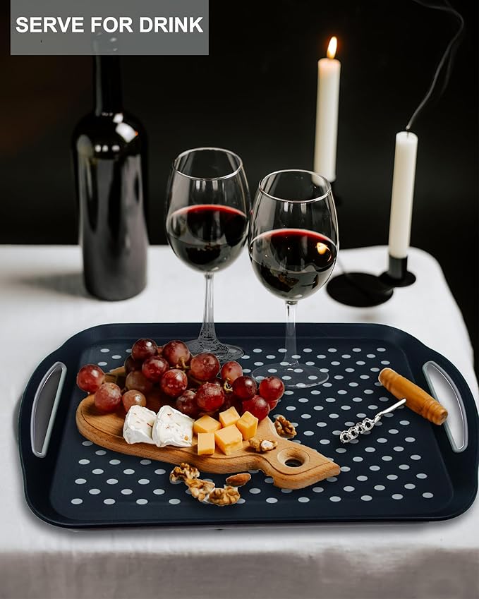 Large Nonslip Serving Tray with Handles, Silicone Grippy Dots Lap Food Trays for Eating, Dishwasher Safe Serve for Breakfast Dinner Snack Fruit Appetizers Beverage, Rectangular, Set of 2, Black