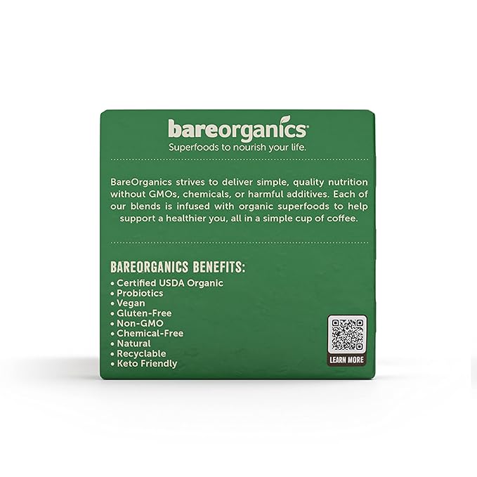 BareOrganics ENERGIZING USDA Organic Coffee Pods Infused with Superfoods & Probiotics, Keurig K-Cup Compatible, Vegan, Gluten Free, 20 Single (Pack of 2)