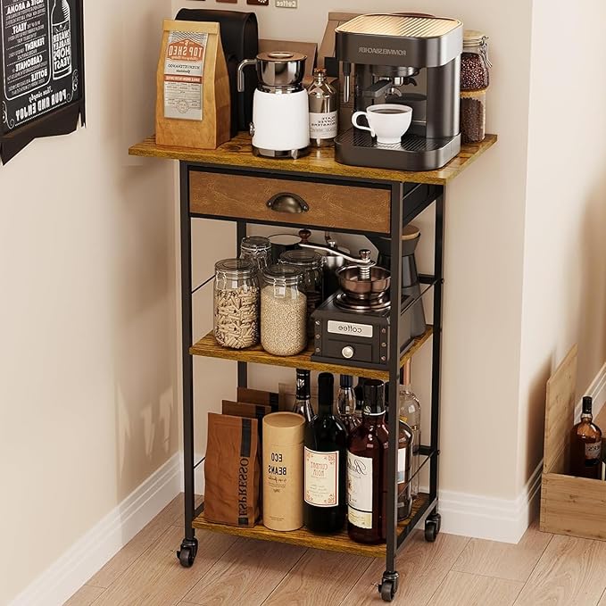 3 Tier-Coffee Bar Stand Station Cart with Storage Drawer, Extended Worktop Coffee Table, Farmhouse Corner Bar Cabinet for Small Spaces, Barkers Rack Home Bar for Entryway, Living Room