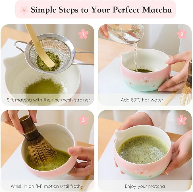 Matcha Whisk Set – Japanese Tea Ceremony Kit with Ceramic Bowl, Purple Bamboo Whisk (Chasen), Holder, Sifter & Scoop – Complete Matcha Kit, Women Gifts for Tea Lovers