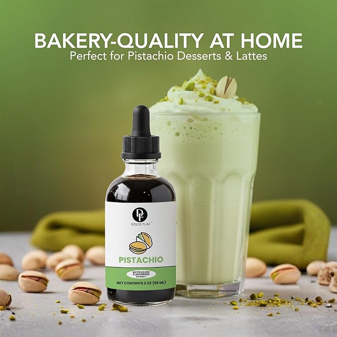 Dolce Flav Pistachio Extract – 2 Ounce Water-Soluble Kosher, Sugar-Free, Concentrated Nutty Pistachio Flavor for Baking, Ice Cream & Pastries, Includes Measured Dropper