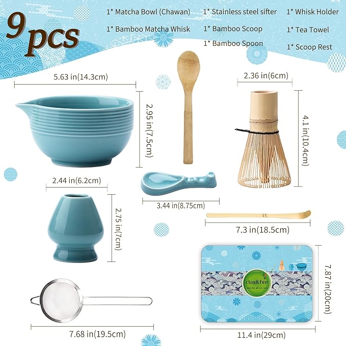 Clay&Fire Matcha Whisk Set, Ceramic Matcha Set, Matcha Bowl with Spout and Whisk, 9 pcs Matcha Tea Kit for Matcha Lovers, Ideal Gift Christmas, Birthday (Blue)