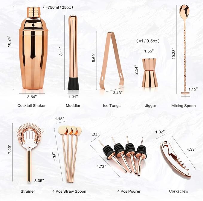 25 oz Cocktail Shaker Set 16 Pcs Mixology Bartender Kit with Stand - Professional Stainless Steel Bartending Kit - Perfect Home Bar Tool Gift Set for Drink Mixing (Rose Gold)