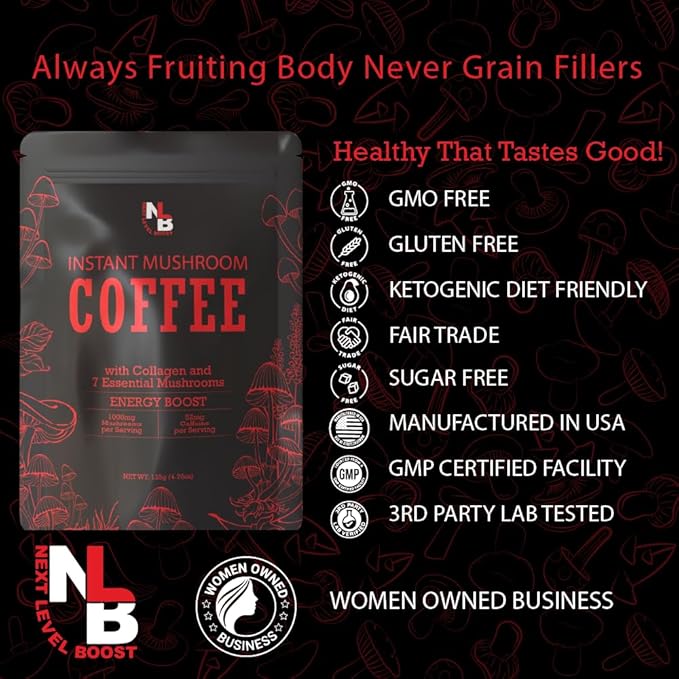 Energy Boost Organic mushroom Instant Coffee - 10 x 9g Packets - Healthy Coffee alternative and Substitute - With Dynamine, Collagen, Lions Mane and Antioxidant