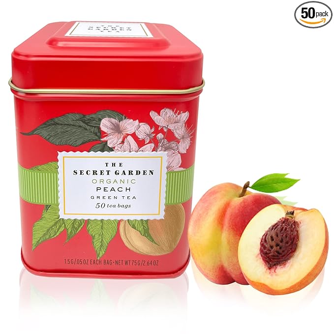 Organic Peach Ceylon Green Tea - 50 Packets - Natural Antioxidant Rich Herbal Leaf Teabags - USDA Certified 100% Non-GMO - Caffeinated Designer Gift Tin