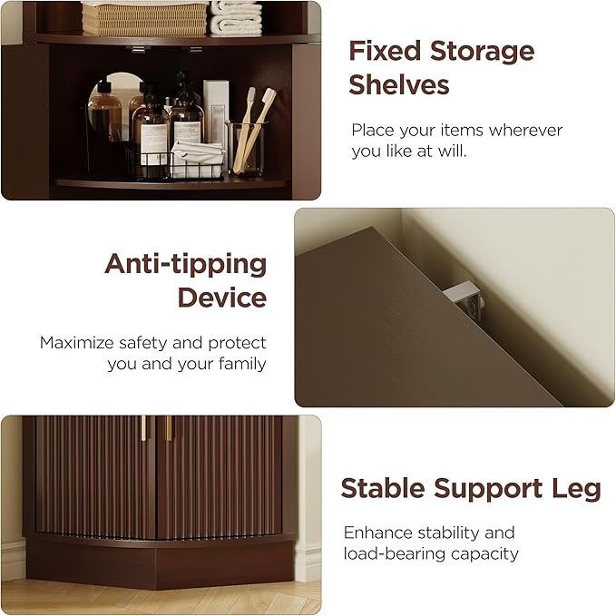 Corner Bathroom Cabinet, Modern Small Corner Cabinet with Fluted Door and Open Shelf, Space Saver for Bathroom, Living Room, Kitchen, Brown