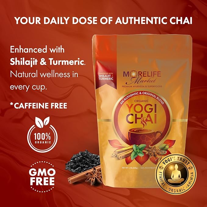 MoreLife Market Yogi Chai | Ayurvedic Turmeric & Shilajit Blend for Digestion, Immunity & Calm | Organic Herbal Tea Powder for Wellness | Caffeine-Free Traditional Indian Chai - 8oz (230g)