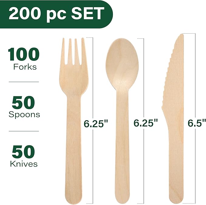 LotFancy Disposable Cutlery Set, 200Pcs Wooden Compostable Utensils (100 Forks, 50 Spoons, 50 Knives) Eco-Friendly Forks And Spoons Silverware
